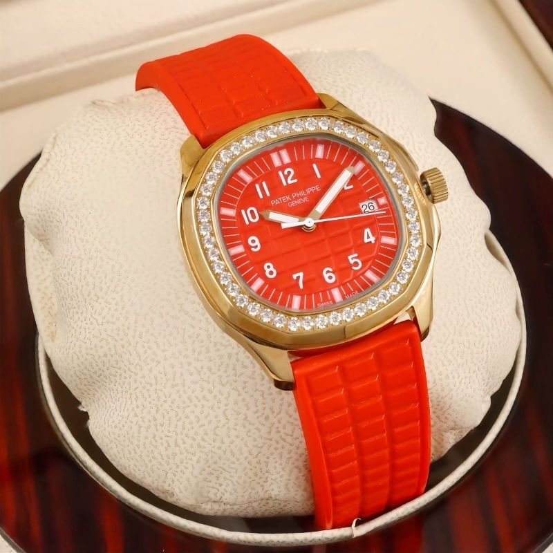 JAM TANGAN WANITA PATEK PHILIP AQUANAUT RUBBER MERAH JAPAN QUARTZ SUPER QUALITY DIAMETER 36MM