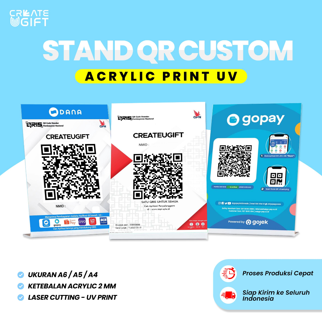 

Akrilik Standing Cetak UV QRIS Stand Portrait Tipe L Tekuk A4, A5 & A6 2MM | QR Code Digital Payment