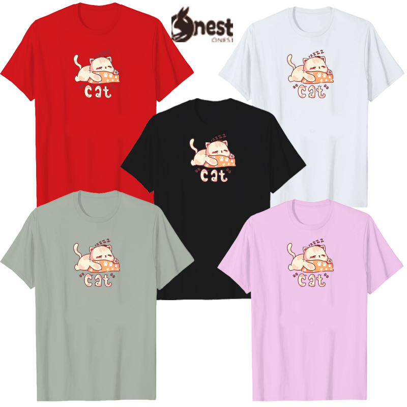 Baju Kaos Atasan Wanita Kucing Ngantuk Oversize Jumbo Lengan Pendek Tshirt Santai Rumahan Lucu