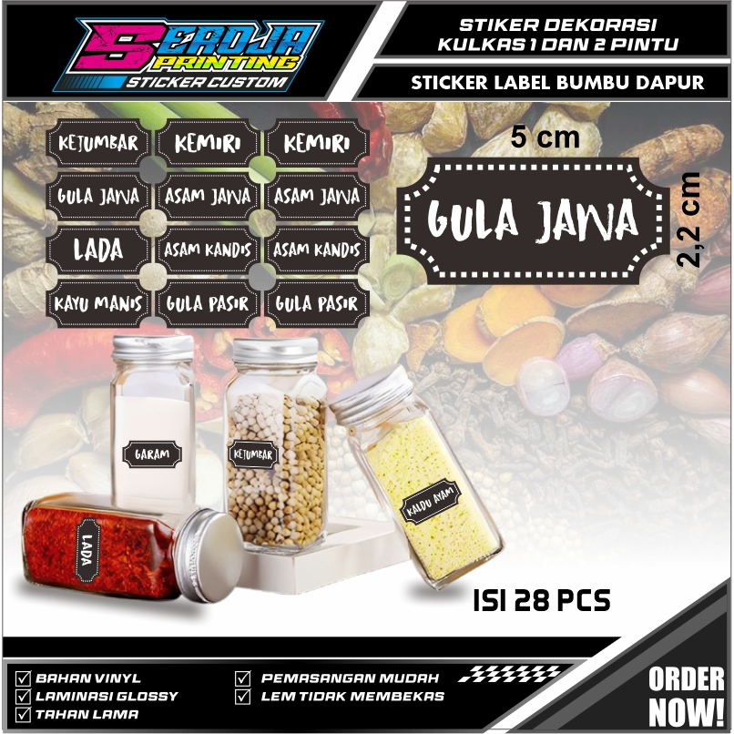 

STIKER LABEL BUMBU DAPUR CUSTOM TULISAN AWET TAHAN AIR PERIUM QUALITY 1 SET ISI 28 PCS