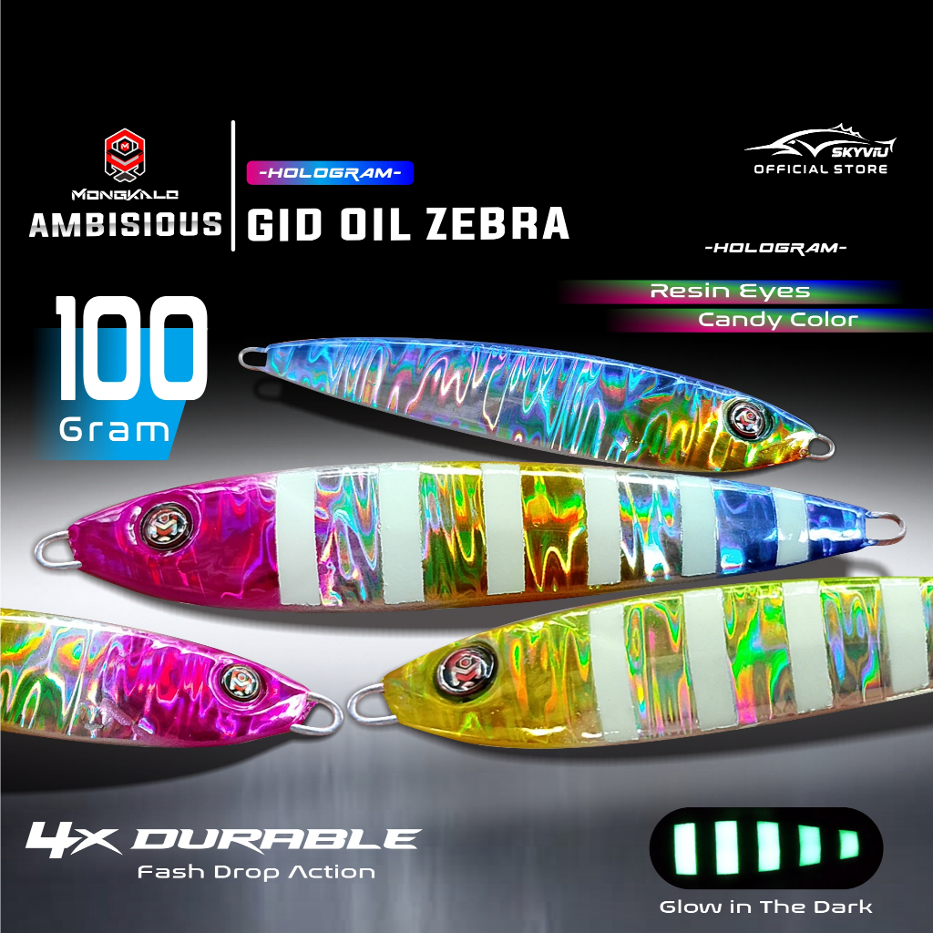 Umpan Jig 100 Gram MONGKALO AMBISIOUS GID Zebra Hologram Minyak Umpan Metal Jig 100 gr Bisa Menyala 