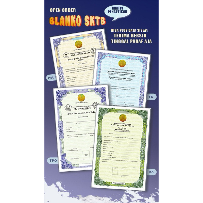 

ISI 40 BLANKO SKTB TK,RA,PAUD,TPQ FREE KETIK BISA REQUEST FORMAT