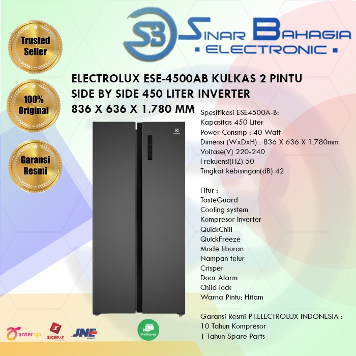 ELECTROLUX ESE-4500ABKULKAS 2 PINTU SIDE BY SIDE 450 LITER INVERTER 836 X 636 X 1.780 MM (W X D X H)