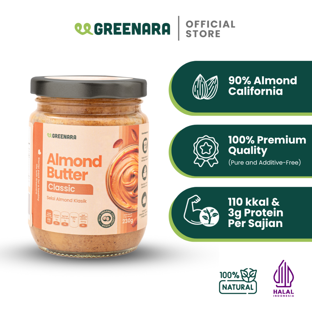 

Greenara Natural Almond Classic Butter 230g Low Calorie (110cal/serv) / Selai Kacang Rendah Kalori