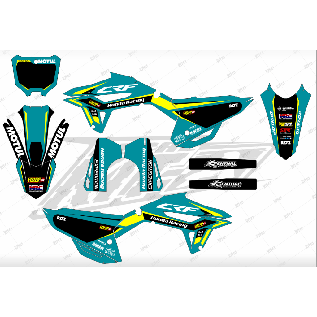 Decal Honda CRF 450 MOTIF Putih+ Stabilo Kuning dan Biru (D-I2-450)