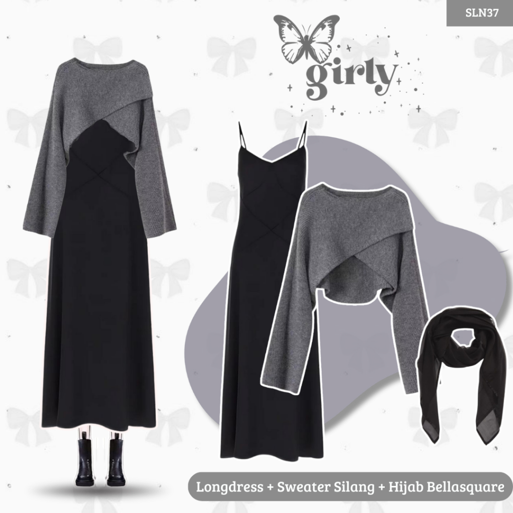 Outfit Korean Style 3in1 (Sweater Rajut Abu, Longdress Satin Hitam, Hijab Segiempat Pollycotton Hita