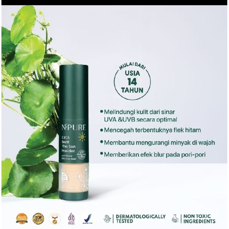 NPURE Sunscreen Powder Cica / Beat the Sun Powder / Sunscreen Bedak & Brush / Bedak Bebas Kilap Miny