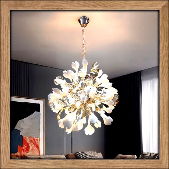 Lampu hias susun gantung kembang bunga daun putih gold keramik Modern chandelier elegan minimalis li