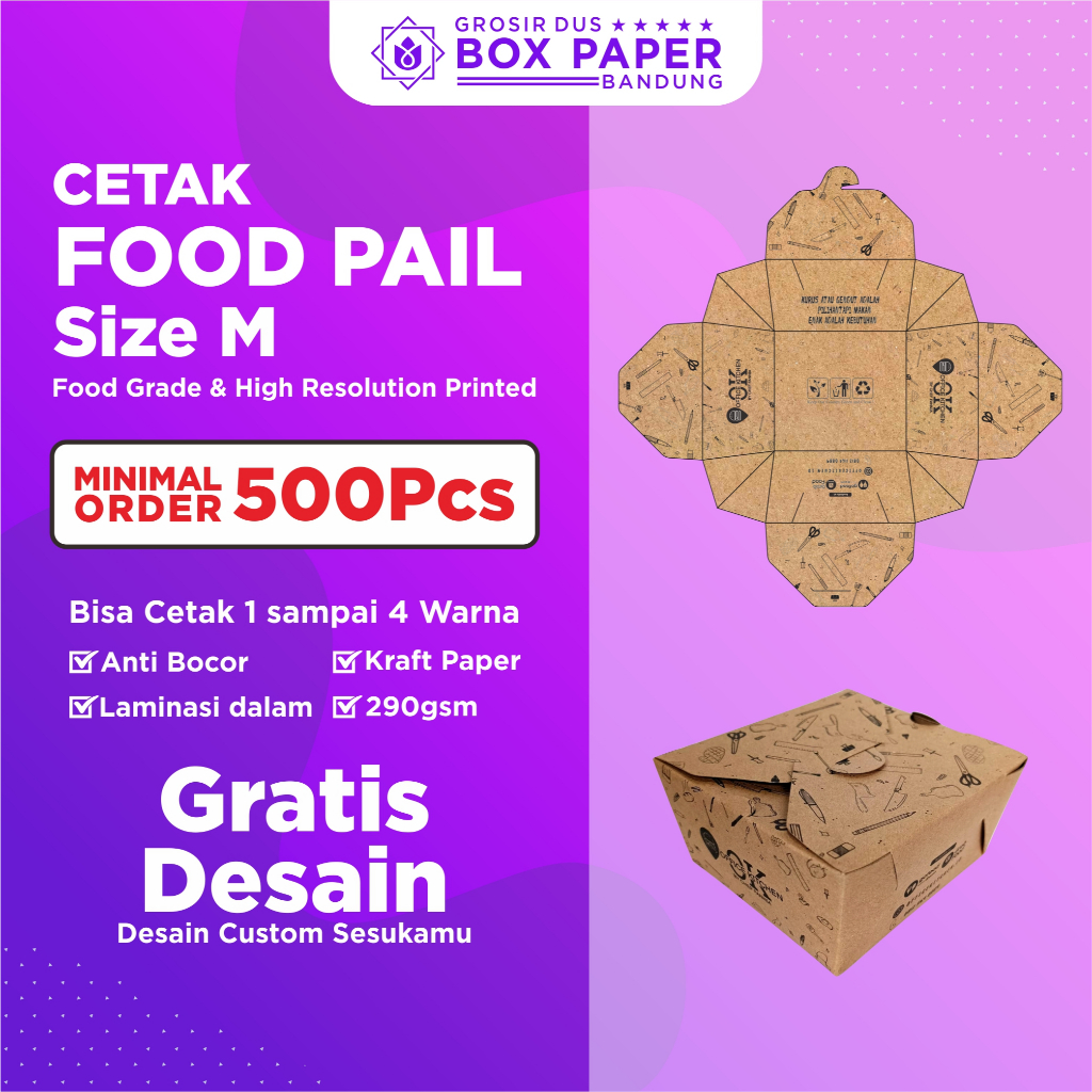 Food Pail Rice Box Size M Custom Cetak Print Logo Merek Box Makanan Karton Kraft