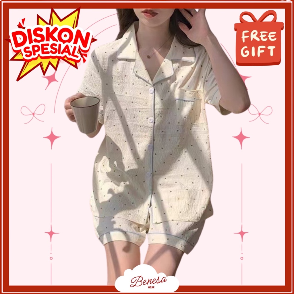Benesa Wear - Baju Tidur Crinkle Polkadot - Wanita Set Piyama Celana Pendek Setelan Pakaian Lucu Mot