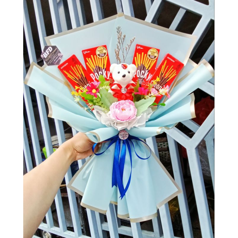 BUKET BONEKA MIX SNACK / BUKET POCKY / BUKET SNACK CAMPUR / BUKET BONEKA CAMPUR SNACK / BUKET BUNGA 