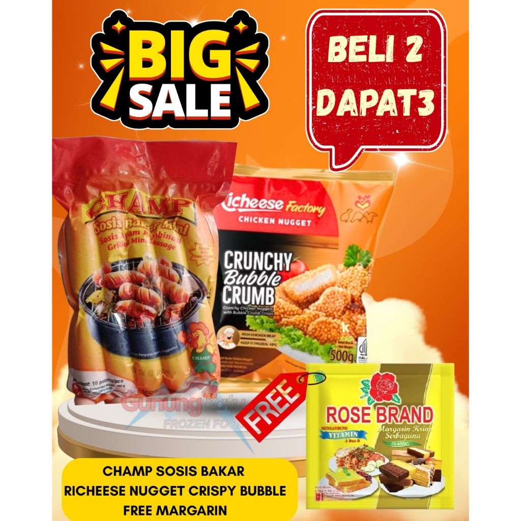 

BELI 2 DAPAT 3 RICHEESE NUGGET CRISPY 500GR + CHAMP SOSIS BAKAR 500GR FREE MARGARIN