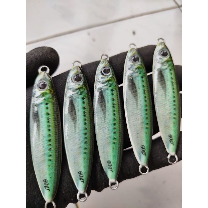 Metal jig decal 3D decal lemuru hijau 30,40,60,80,100,150 gram full GID menyala terang