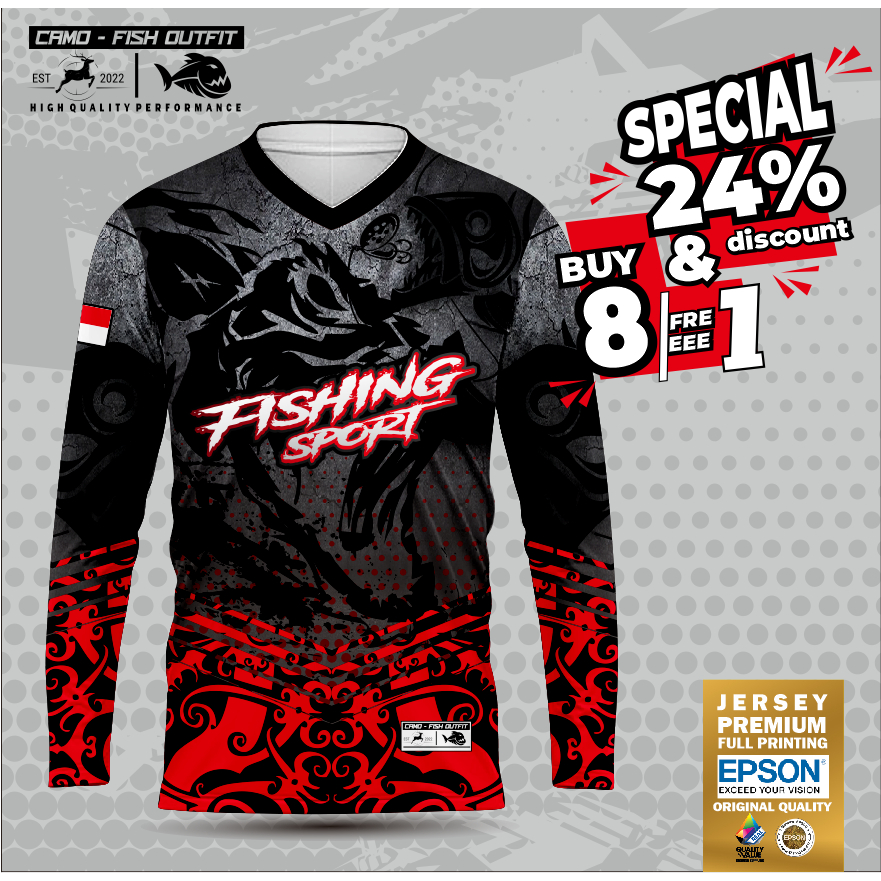 Jersey Mancing Custom Dry Fit Premium Fishing Sport Motif Red Black Dayak 2