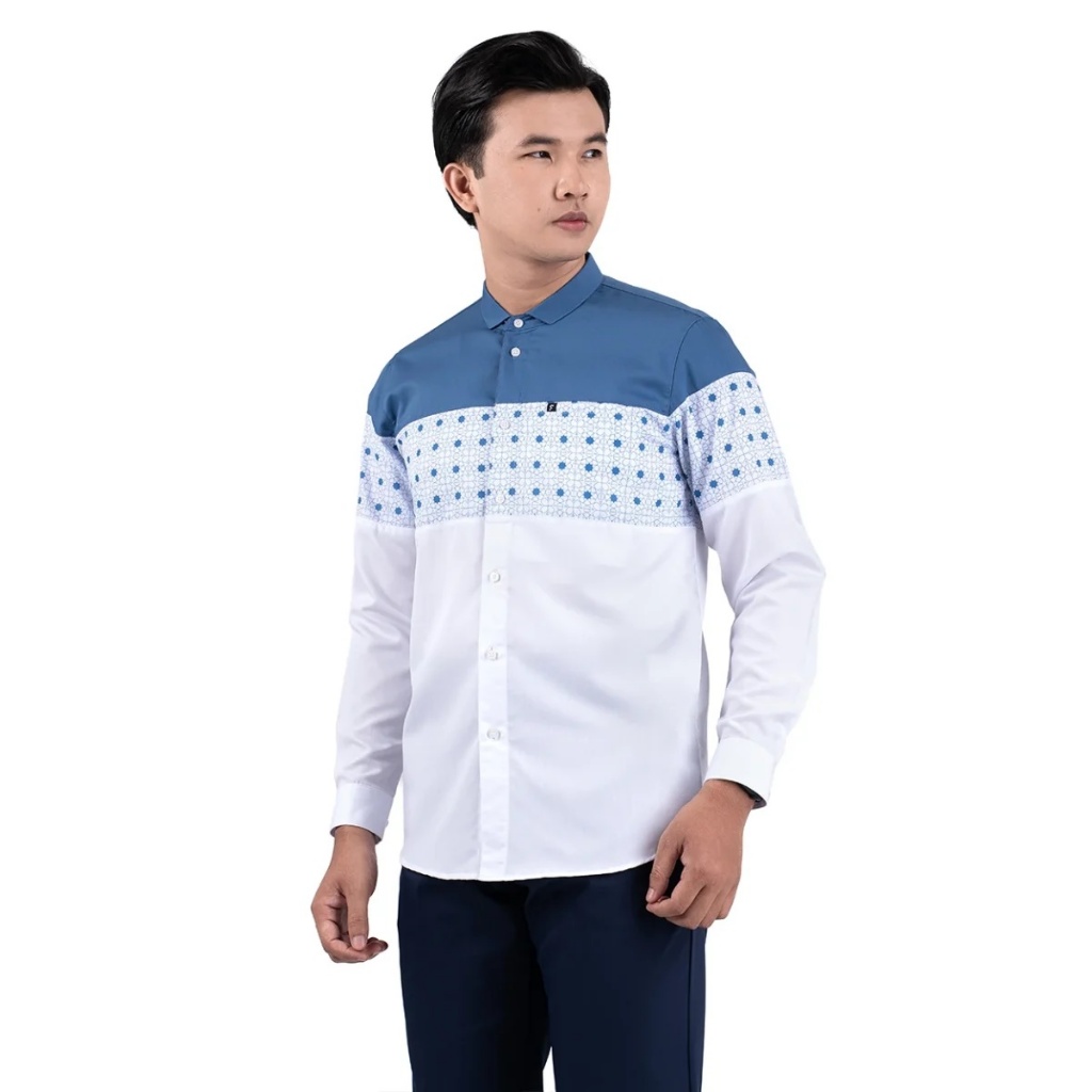 BAJU KOKO PRIA MODERN FADKHERA NAFI LENGAN PANJANG DENIM WHITE BIRU PUTIH