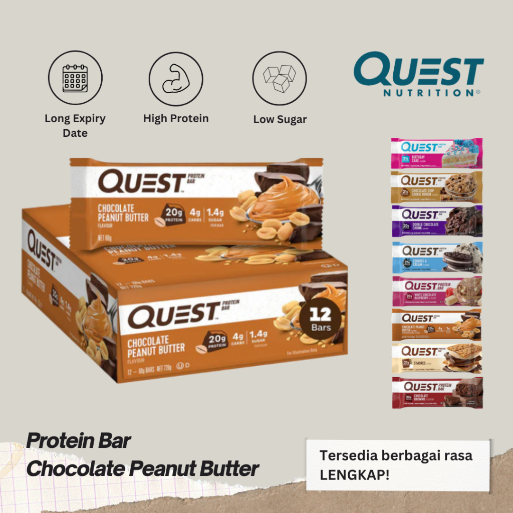 

Quest Protein Bar 60g Rasa Chocolate Peanut Butter Nutrition Energy Healthy Snack Bars Fitness Gym Low Sugar High Protein High Fiber