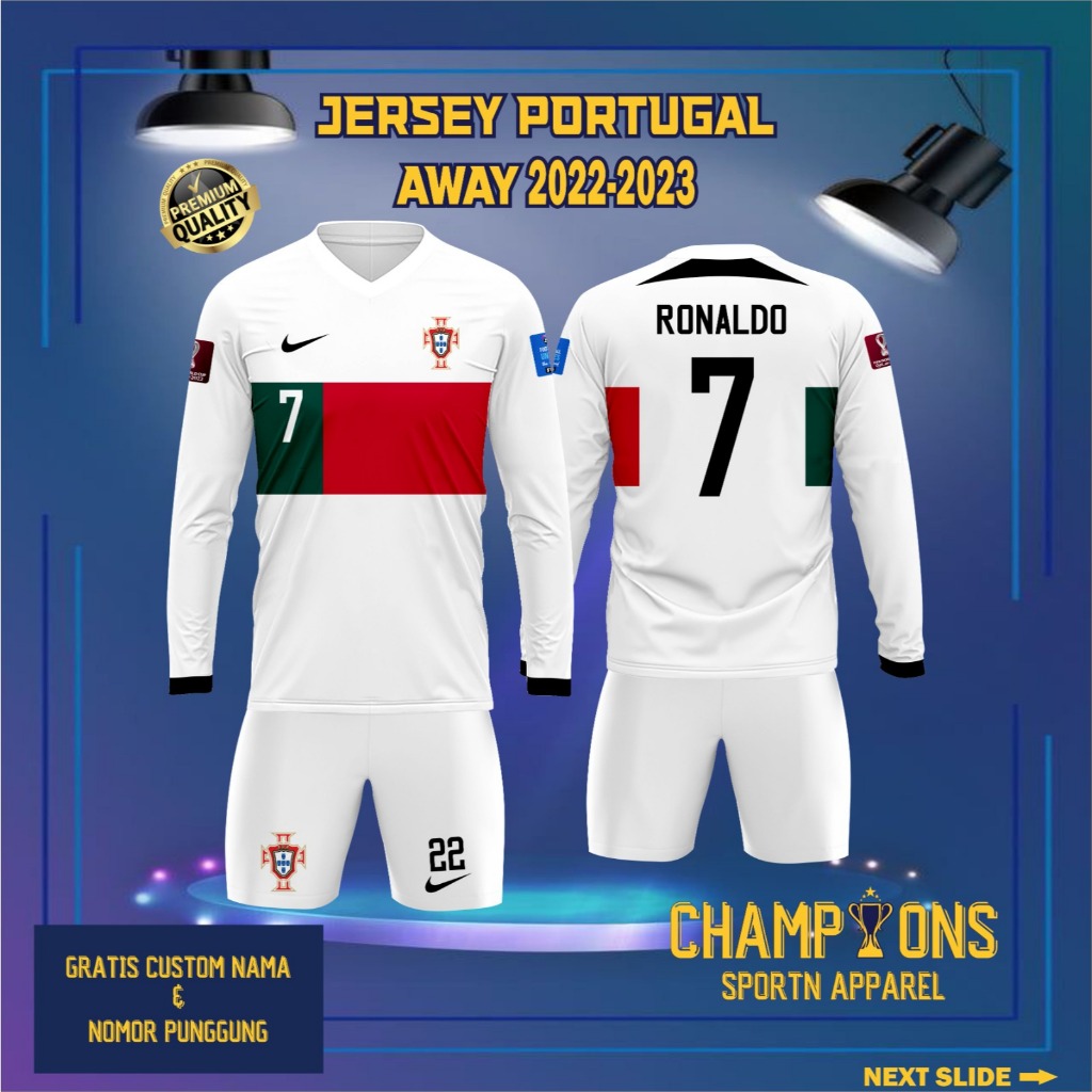 Setelan Timnas Portugal Away Panjang 2022-2023, FREE custom nama dan nomor untuk dewasa dan anak