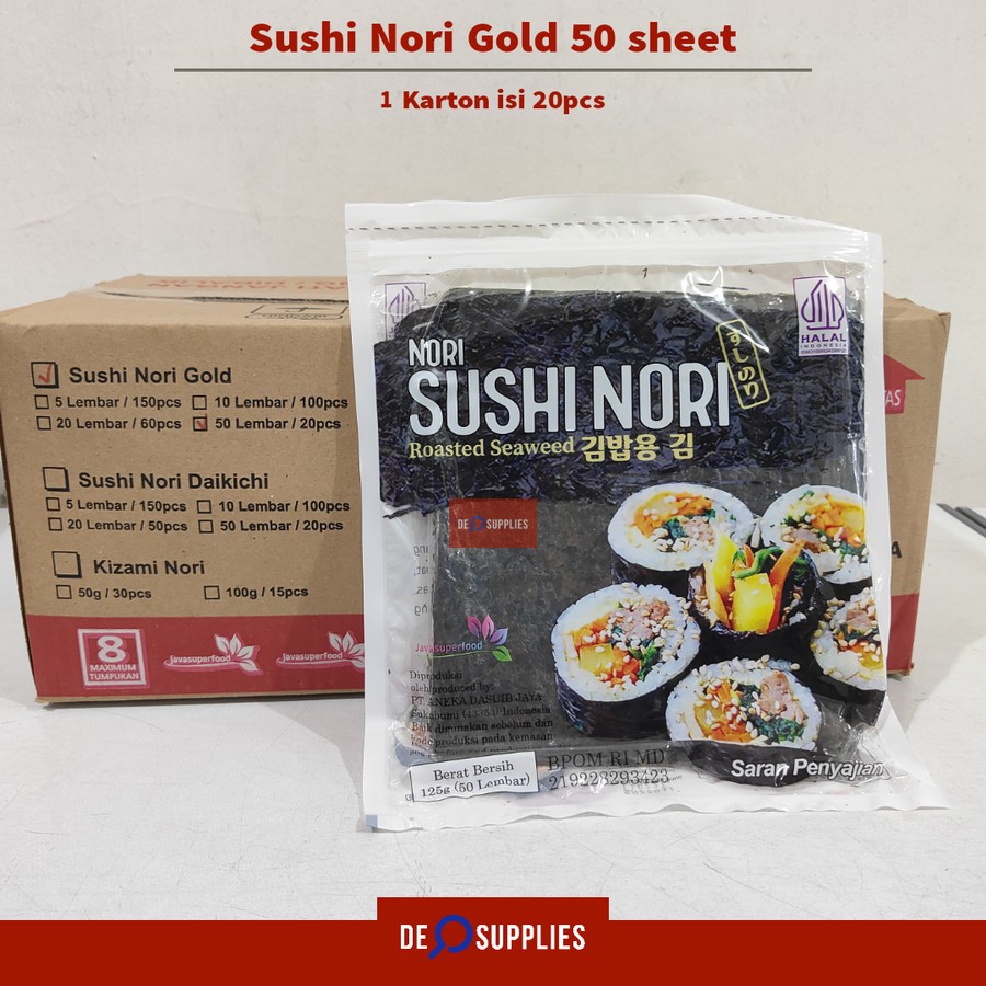 

[KARTON] Java Sushi Nori Gold 50 Lembar (1 dus isi 20pcs) Nori Korea Seaweed Rumput Laut Halal