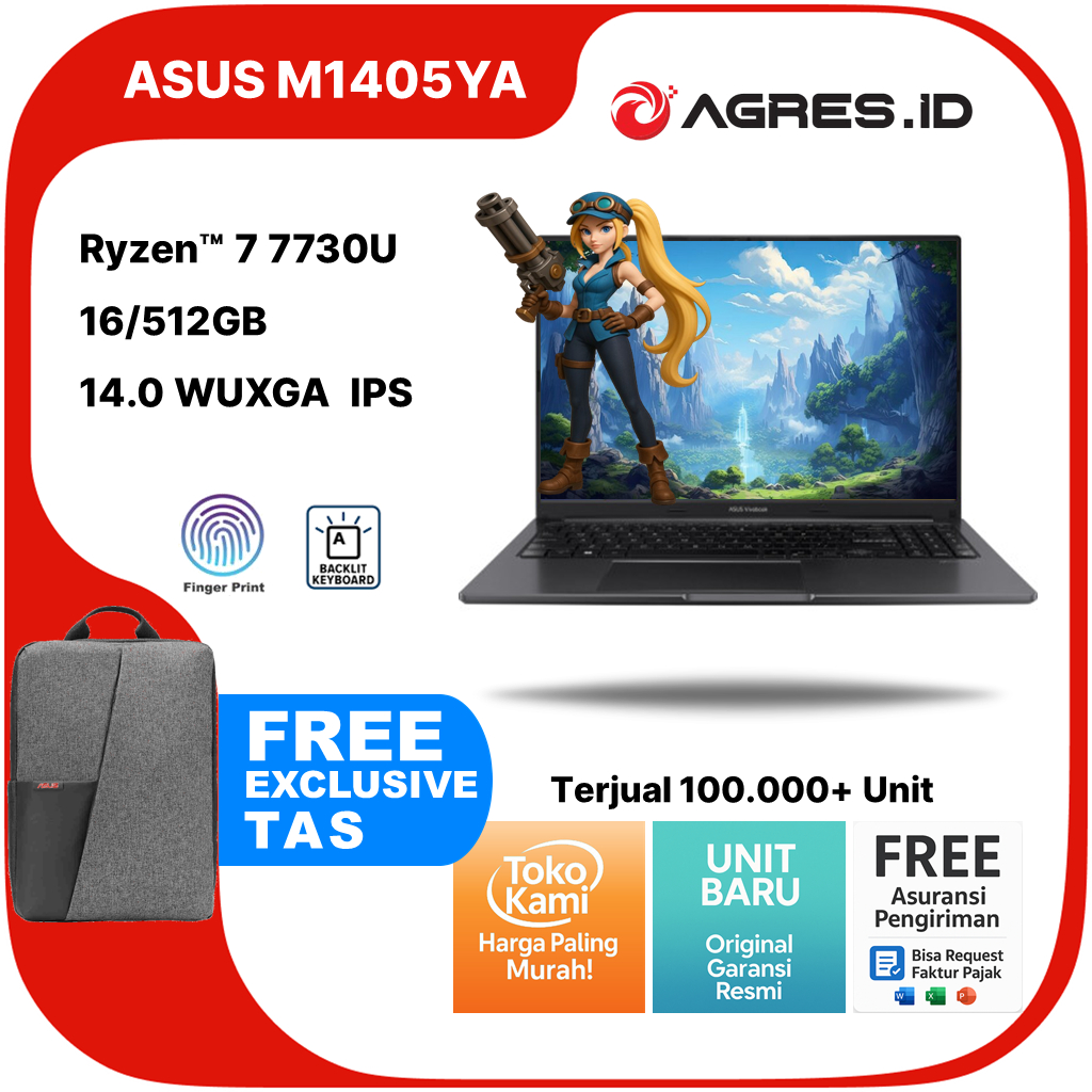 ASUS VIVOBOOK 14 M1405YA RYZEN 7 7730 16GB 512GB W11+OHS 14.0WUXGA IPS FP BLK -VIPS751
