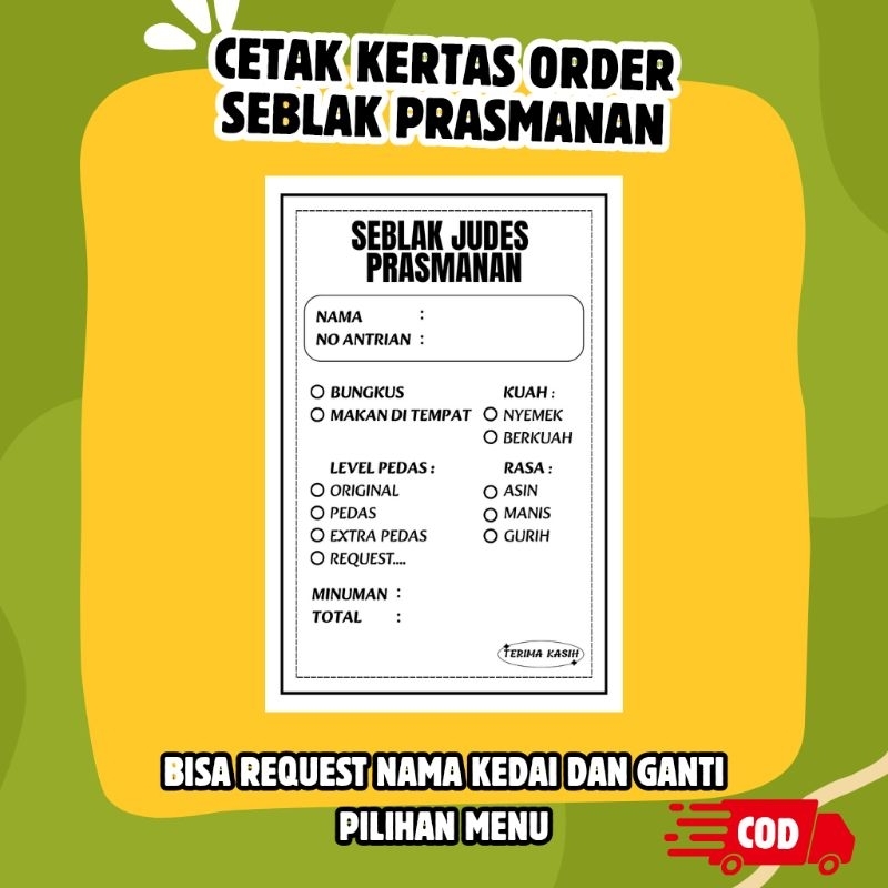 (200 pcs) Kertas order seblak prasmanan kertas pesan seblak / Kartu seblak / Kertas menu