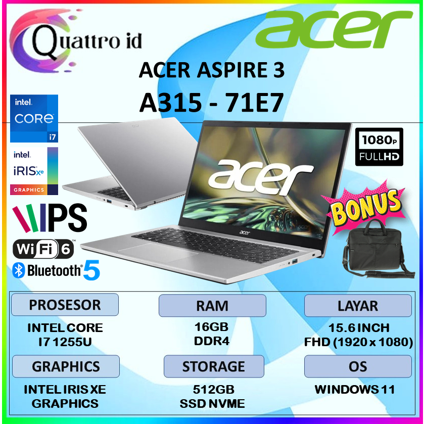 Acer Aspire 3 A315 Intel Core i7 1255U 16GB Ssd 512GB 15.6 Full HD Windows 11 Terbaru