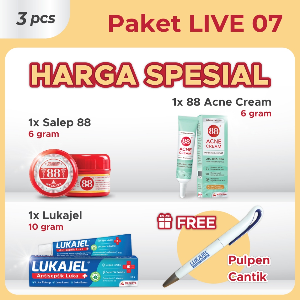 SALEP 88 6g + LUKAJEL 10g + 88 ACNE CREAM 6g + FREE Pulpen Cantik | Salep Gatal Jamur & Scabies + Ge