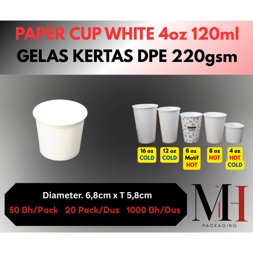 Paper Cup Hot&Cold 4oz 12oz 16oz/ Paper Cup Polos /Paper Cup Tanpa Tutup / Gelas Kertas Panas Dingin