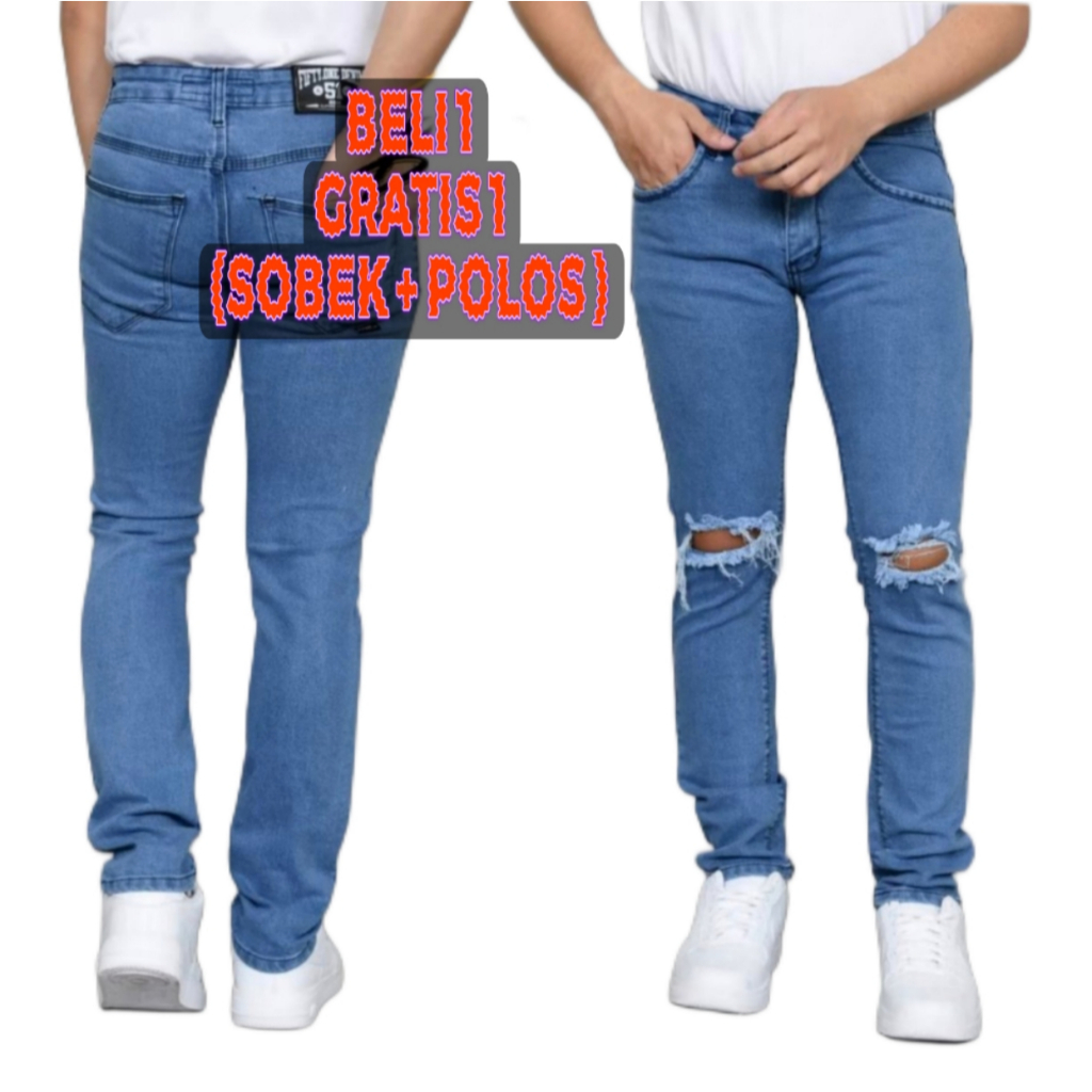PROMO 2PCS CELANA JEANS PRIA SOBEK DAN POLOS / Celana Jeans Pria Sobek Slimfit / Celana Sobek Jeans 