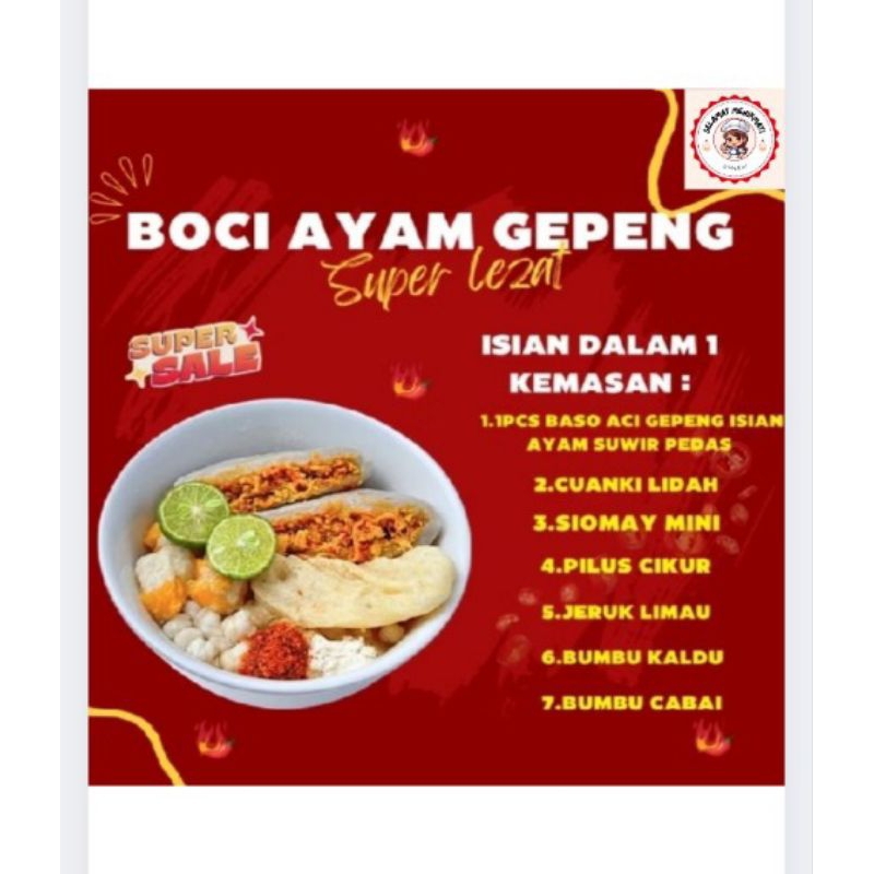 

1 Bungkus Boci Ayam Gepeng Isi Ayam Suwir Pedas +Cuanki Lidah +Siomay Mini +Bumbu Kaldu + Bumbu Cabai +Jeruk Limo