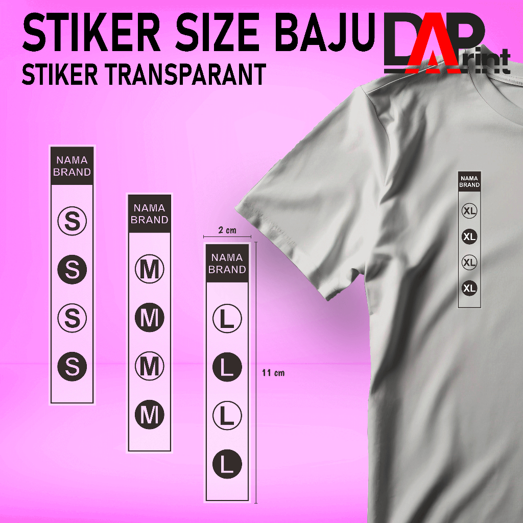 Cetak Stiker Label Size Transparan Ukuran Baju Custom