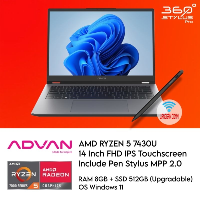 Advan 360 Stylus Pro AMD Ryzen 5 7430U Touchscreen 14" FHD IPS Ram 8GB Ssd 512GB Free Pen Stylus Win