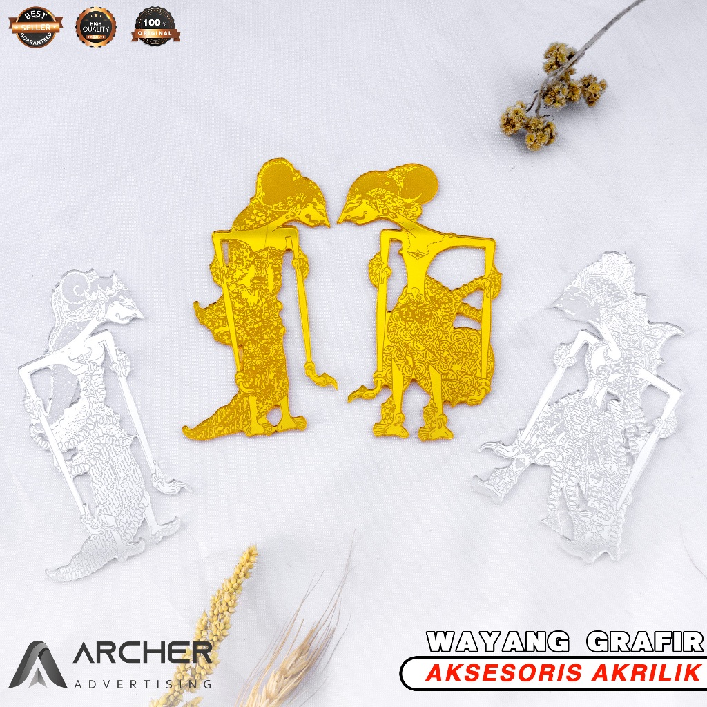 WAYANG ARJUNA SRIKANDI RAMA SINTA MIRROR GOLD SILVER AKSESORIS MAHAR AKRILIK