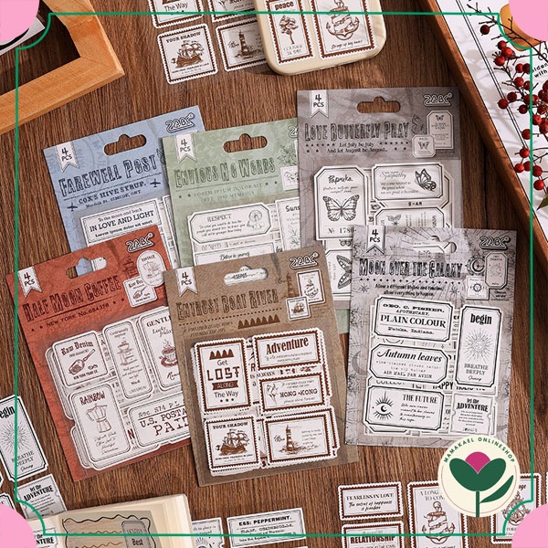 

1 set isi 4 lembar retro stamp sticker aesthetic vintage journaling DIY scrapbook deco stiker model perangko MK1966