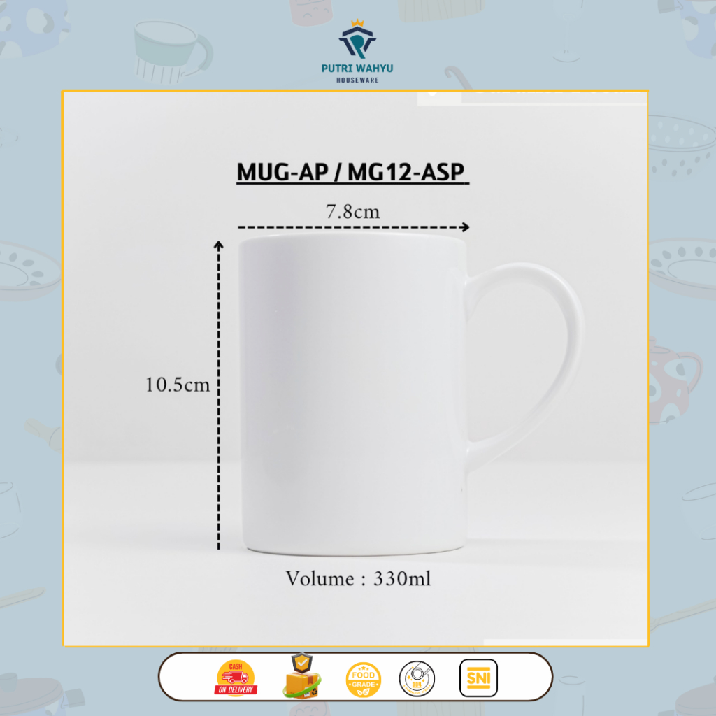 Mug Keramik 330ML (1PCS) Putih Polos BLANC / Gelas Keramik / Cangkir Keramik