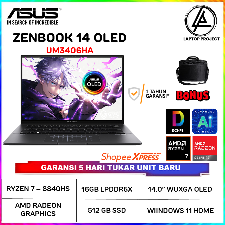 Asus Zenbook 14 OLED UM3406HA AMD Ryzen 7 8840HS 16GB 512GB 14 WUXGA OLED Windows 11 Home