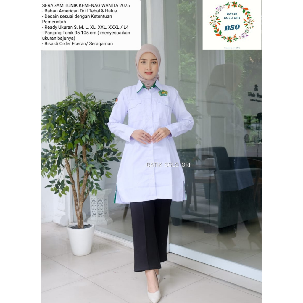 TUNIK KEMENAG PUTIH WANITA LENGAN PANJANG / BAJU WANITA ASN PUTIH / TUNIK PDH WANITA PUTIH LENGAN PA
