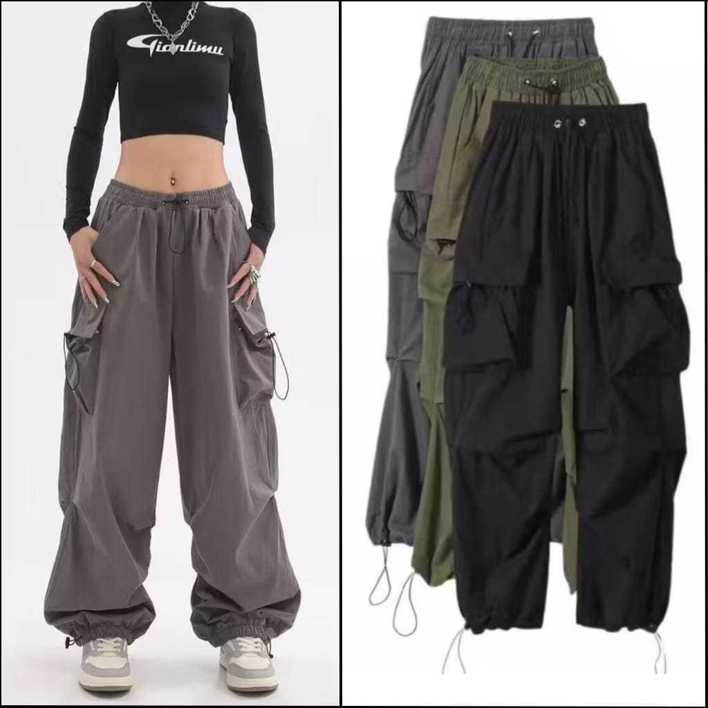 Lookstreet [Kiya Kargo] Celana Kargo Serut - Celana Kargo Wanita - Celana Kulot Kargo