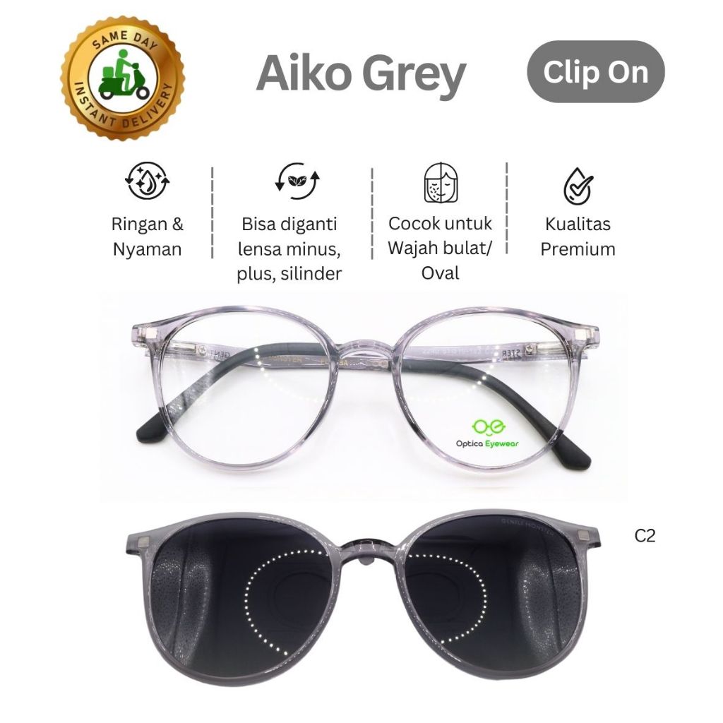 Promo Frame Kacamata CLIP ON AIKO GREY C2 , Lensa minus, plus, silinder, progresif, kualitas optik t