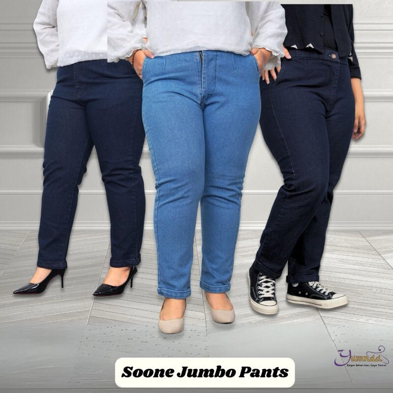SOONE - Celana Jeans Wanita Jumbo Big Size 2XL - 3XL Dengan Pinggang Karet - Stretchy & Nyaman di Pi