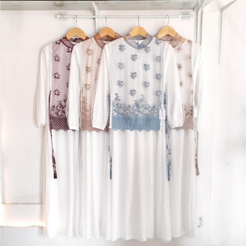 Gamis dress tile brokat vest kombinasi/dress putih tile brokat