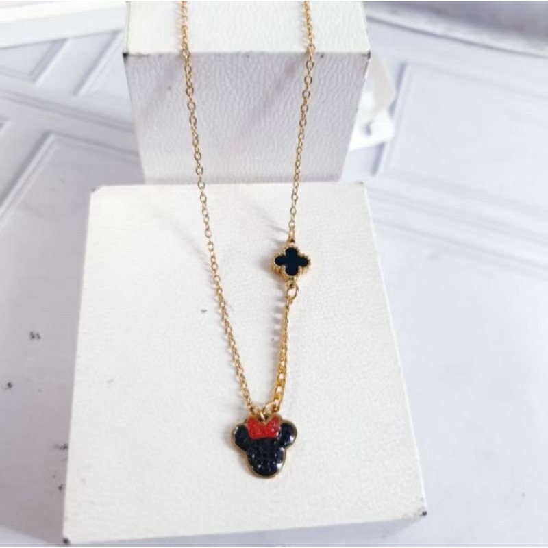 COD✅️Kalung Rantai Gold Titanium Serut Rantai Tipis Clover Mix Mickey