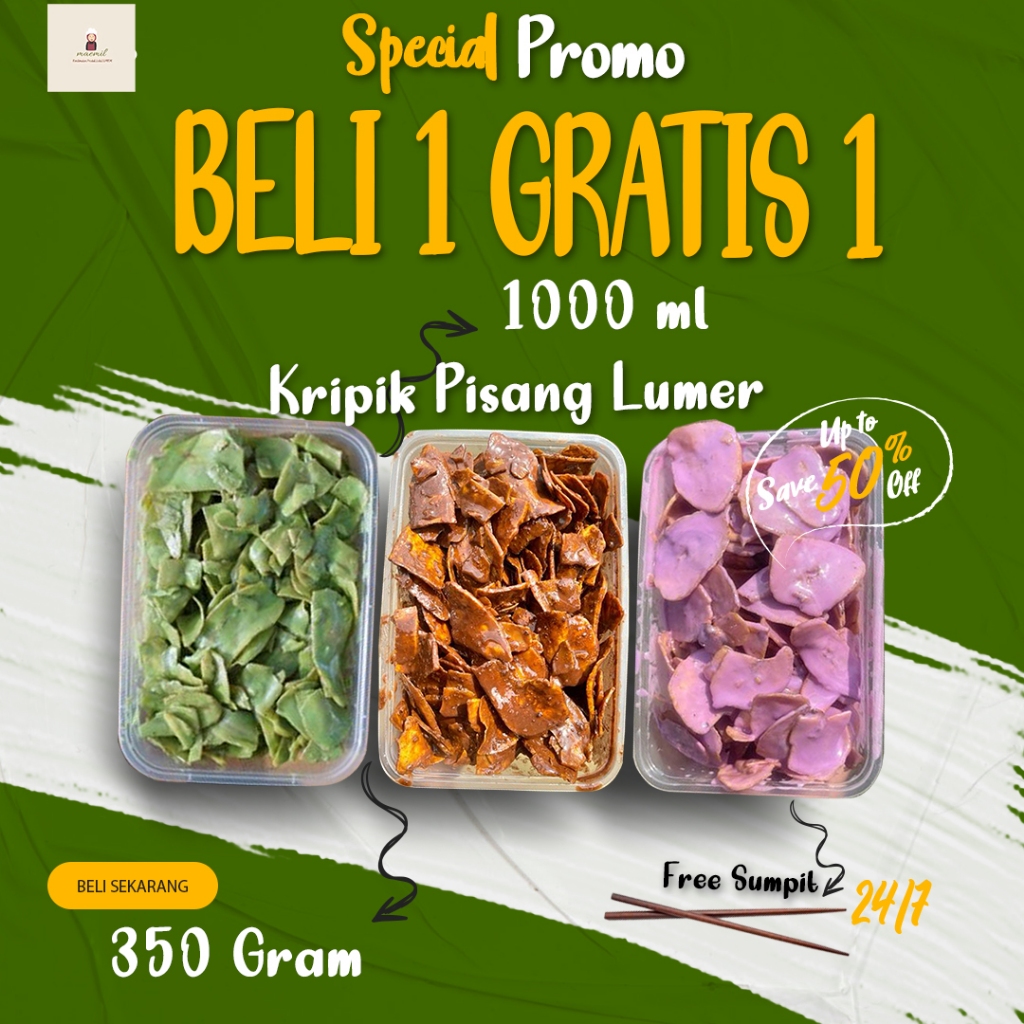 

KARISMA NGEMIL PROMO BELI 1 BOX GRATIS 1 BOX KRIPIK PISANG LUMER 1000 ML