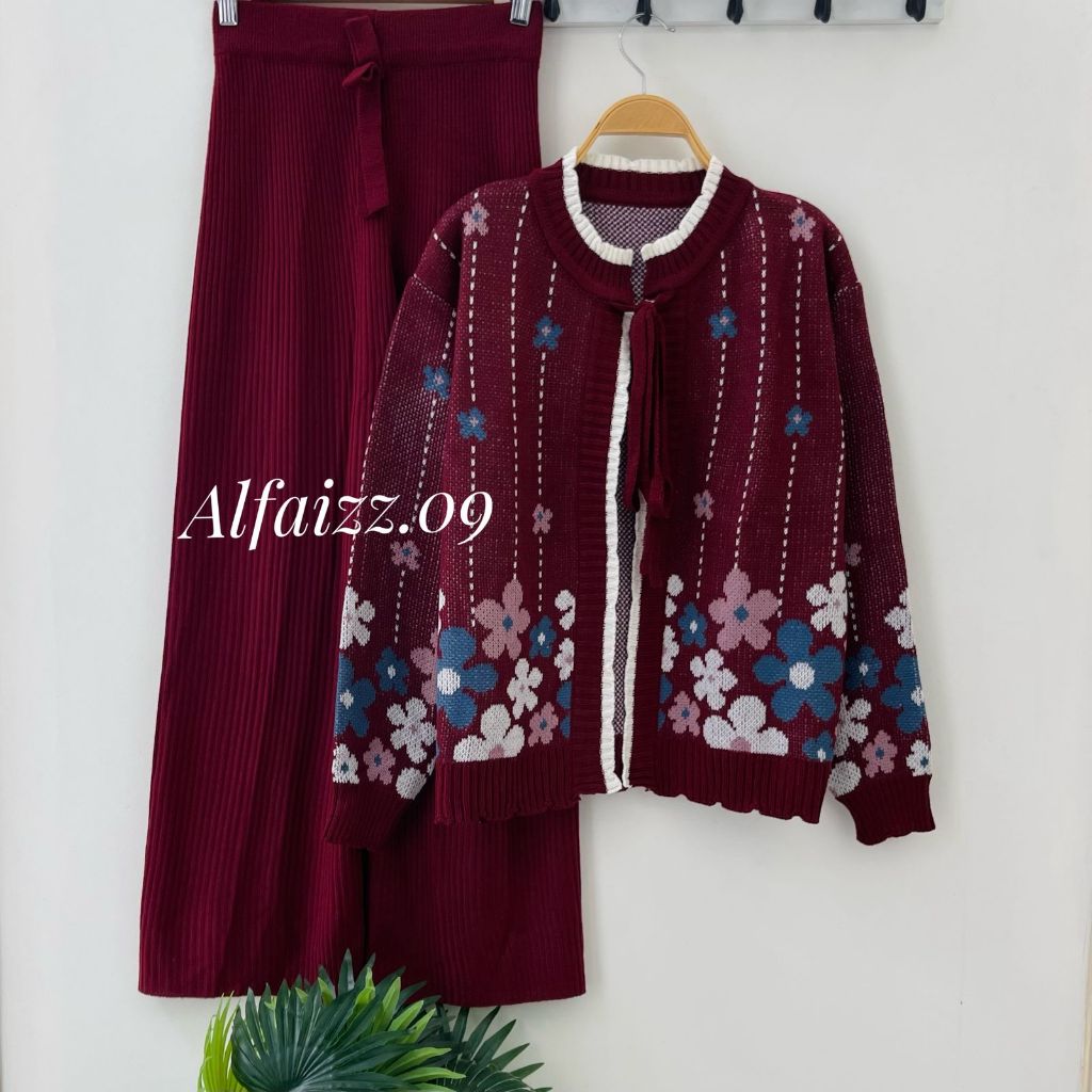 Oneset Rissda Cardigan Rajut Motif Tali Pita Bunga Setelan Celana Kulot Premium Wanita Lengan Panjan