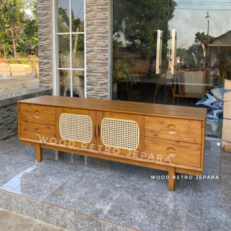 Bufet TV Rotan Kaca Mata - Meja Konsul Retro Kayu Jati Asli Harga Murah Model Terbaru - Meja Ruang T