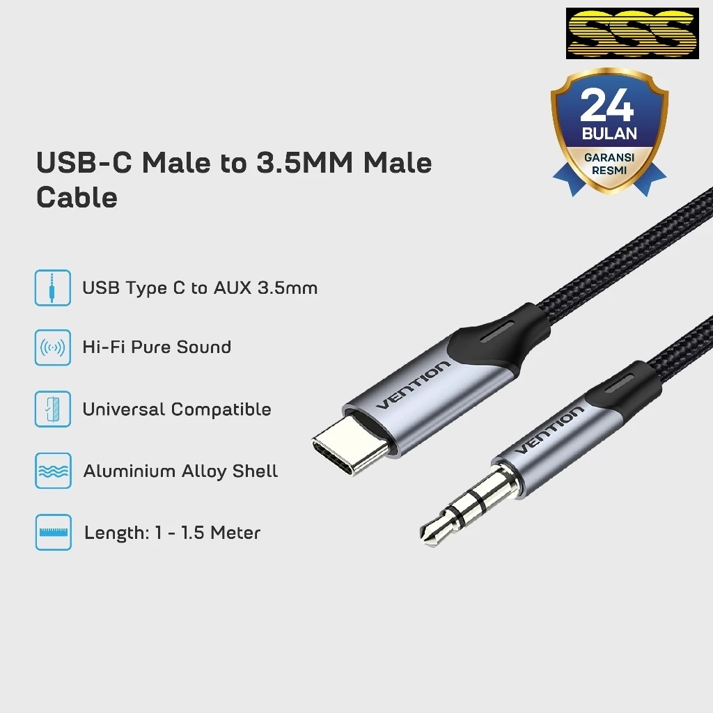 Vention Kabel Audio USB Type C to AUX 3.5mm Jack Adapter 1M - BGK