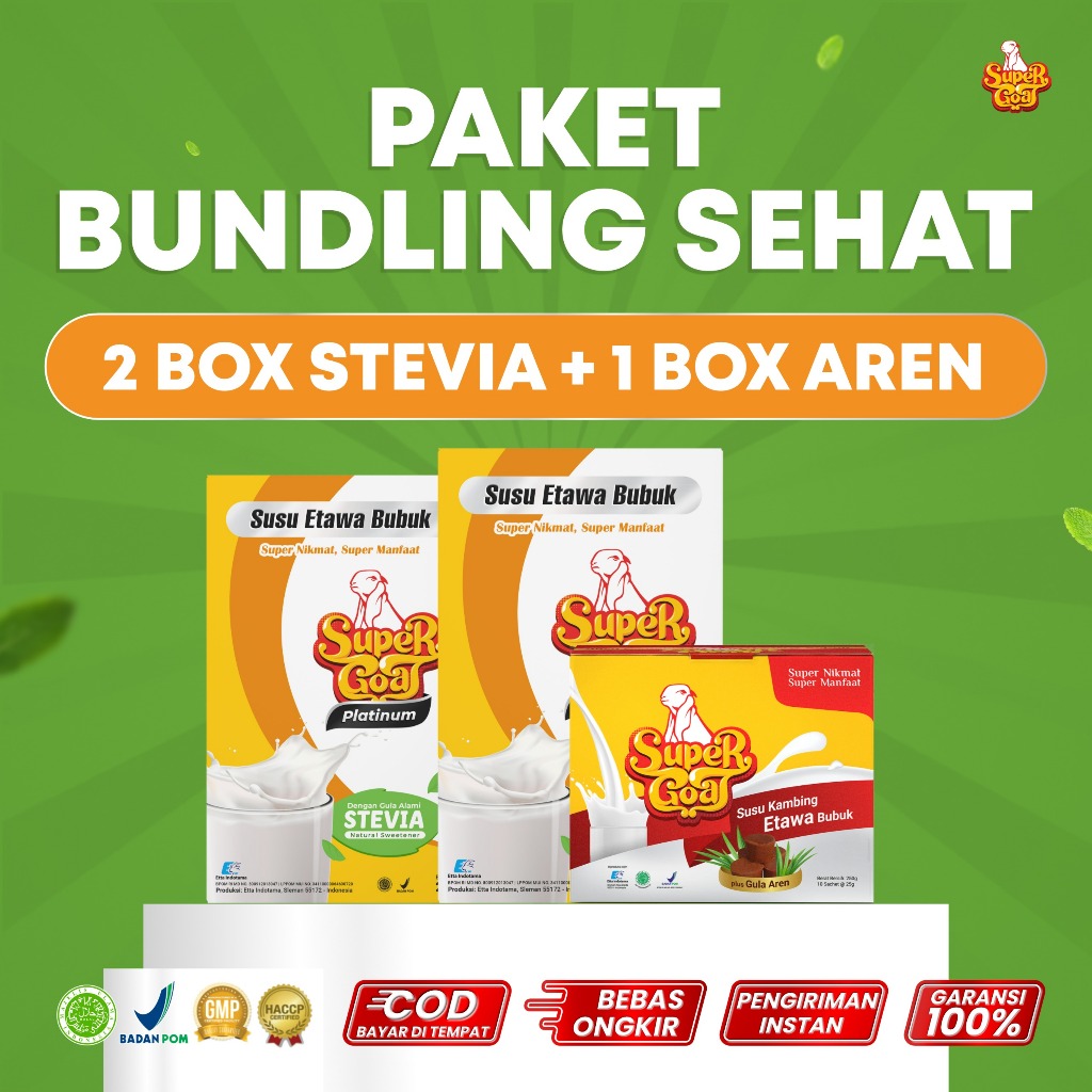 

Supergoat Susu Kambing Etawa Platinum Varian Stevia dan Aren Bundling 2 Box Stevia & 1 Box Aren