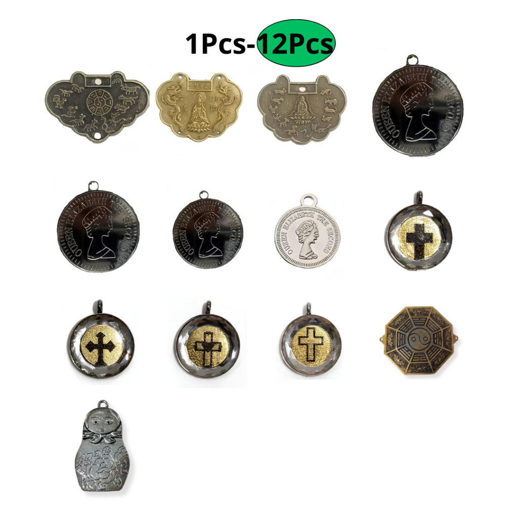 Lempengan koin Liontin Budha, Koin Elizabeth, Salib & YinYang, Harga/12Pcs