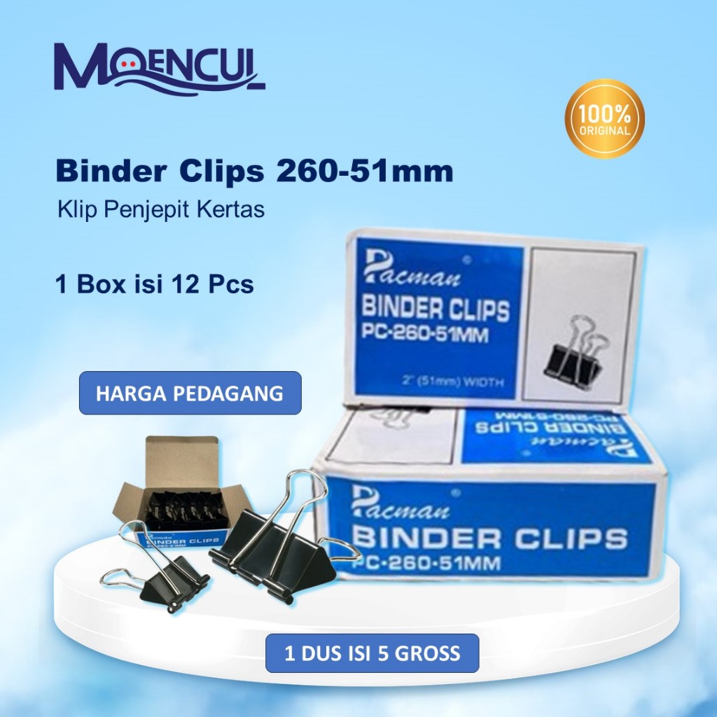 

1 Box isi 12 Pcs Binder Clips Pacman Ukuran 260-51MM | Penjepit Kertas Kecil, Sedang Dan Tebal