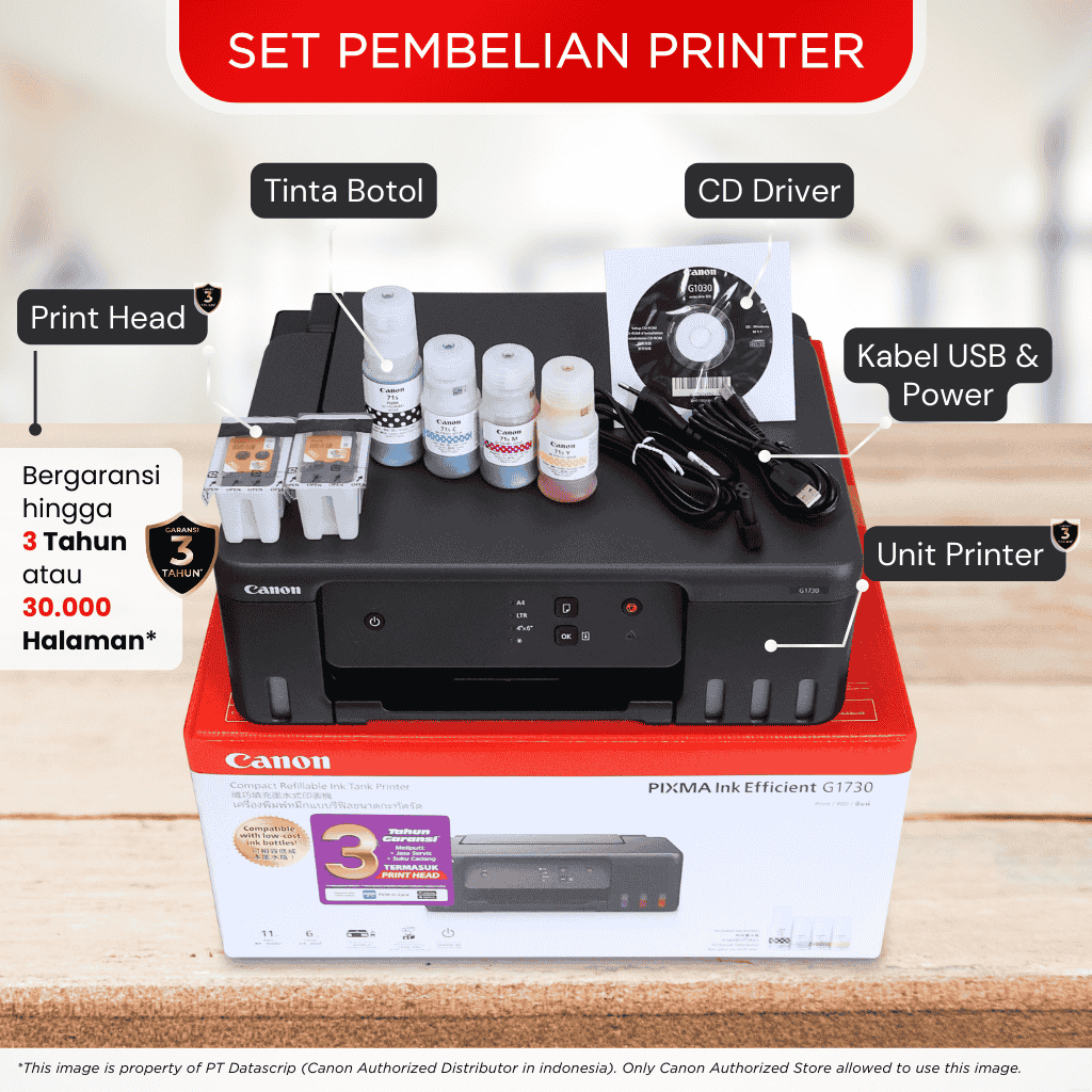 Printer Ijazah Permendikbudristek Tahan Air – Canon G1730 – Ink Tank Print Only – Garansi 3 Tahun