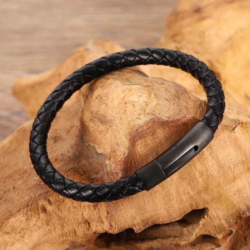 Gelang Pria Hitam Kulit Asli & Stainless Steel, Hadiah Stylish